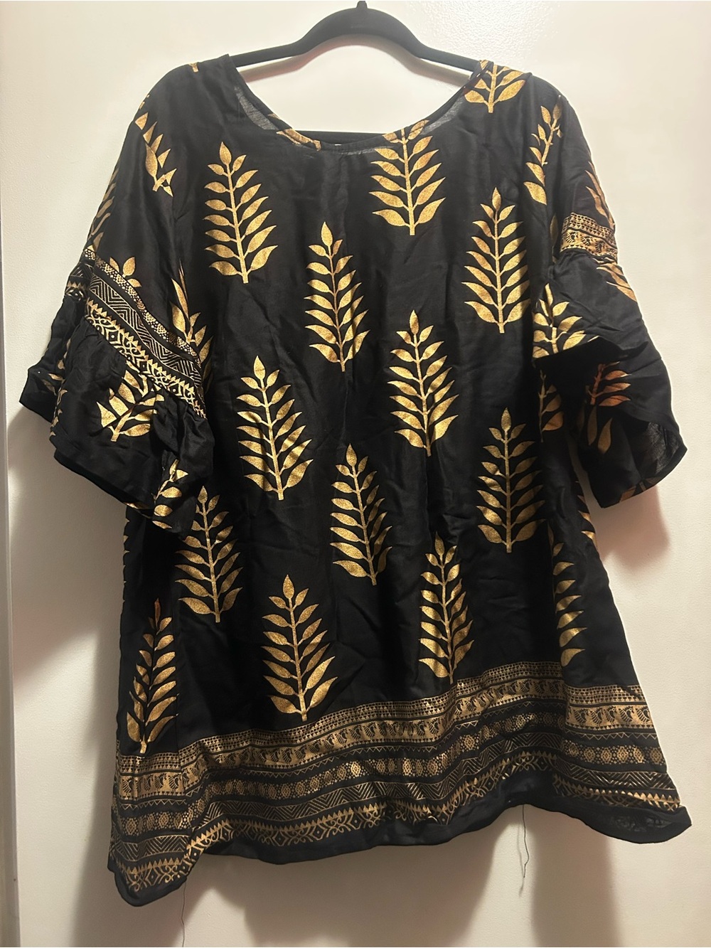 Black Tunic Top with Gold Leaf Print